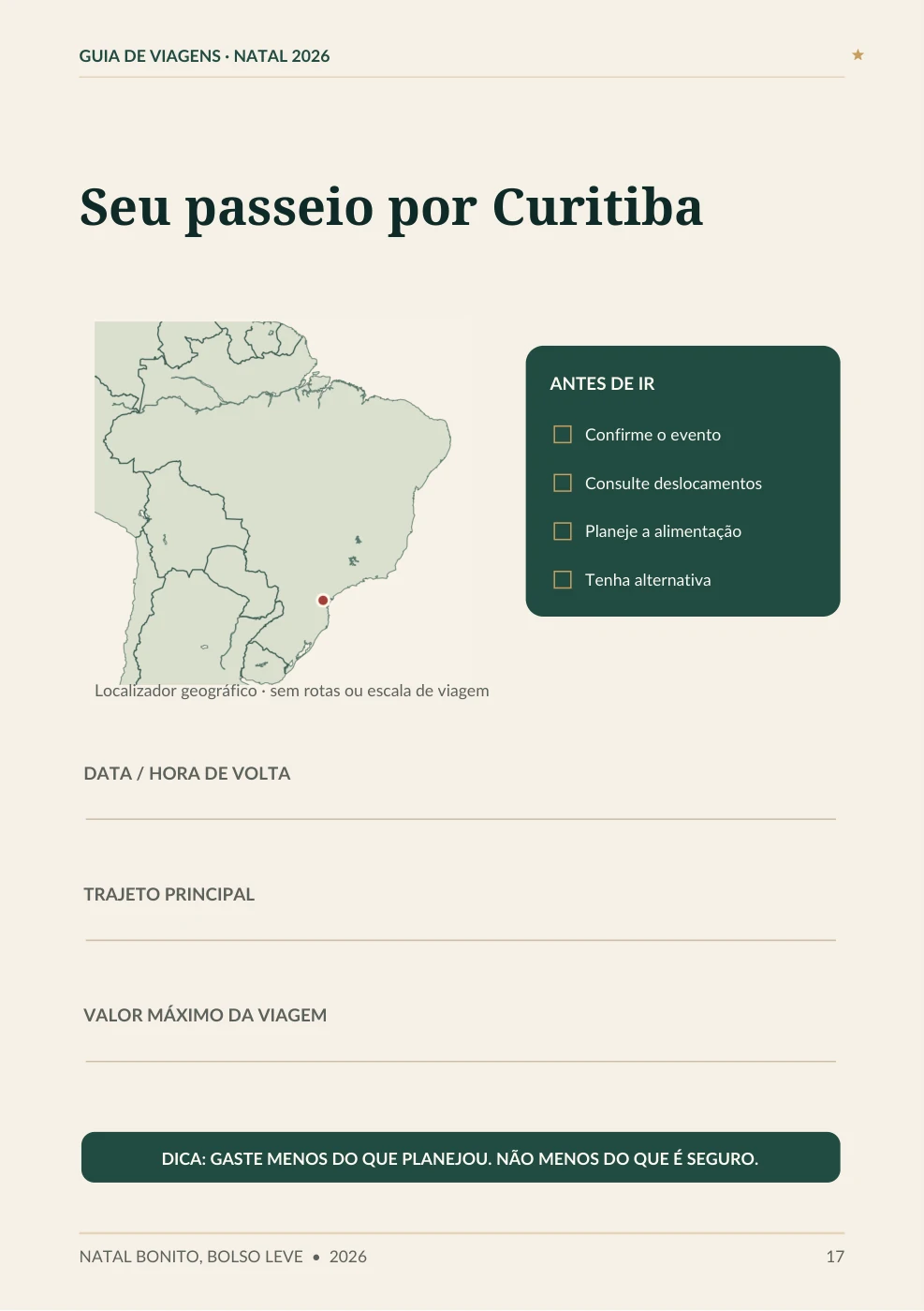 Página interna real: localizador ilustrado e ficha de planejamento de Curitiba